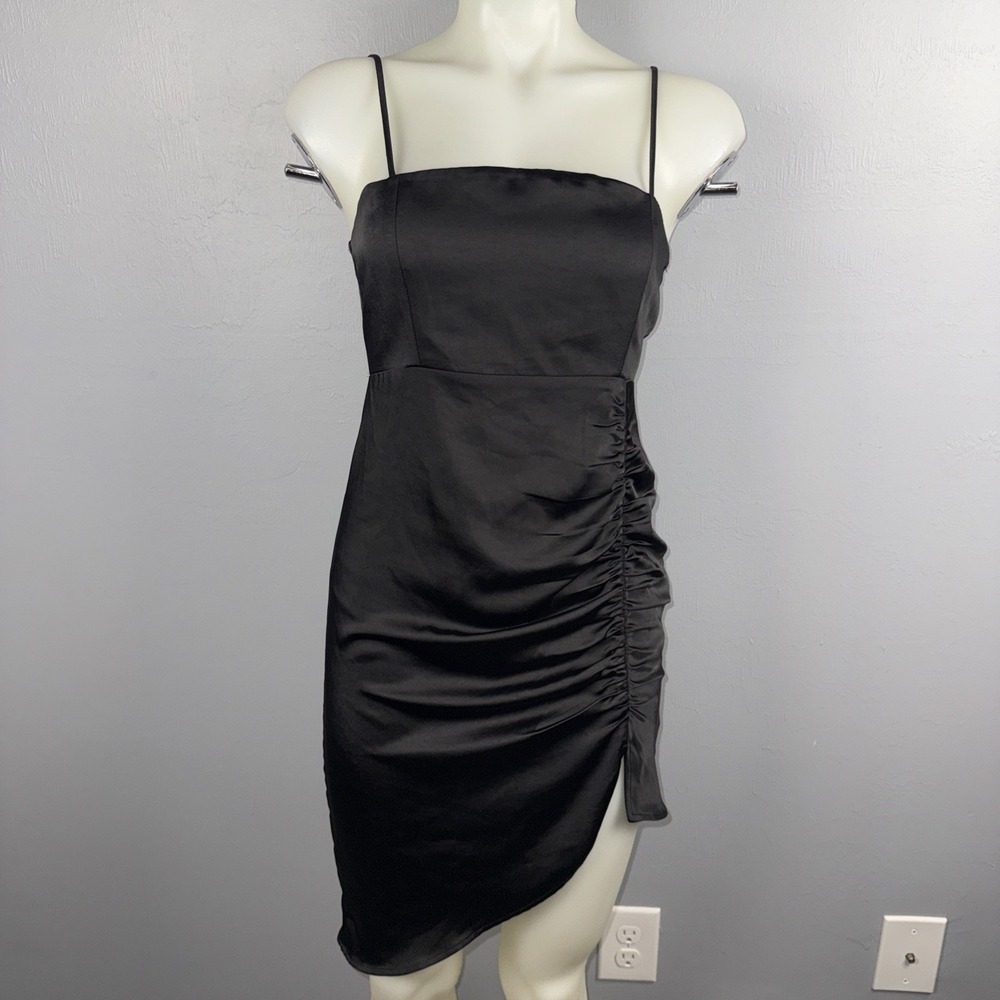 Forever 21 Dress Women's S Black Satin LBD Side Rouch Asymmetrical Mini